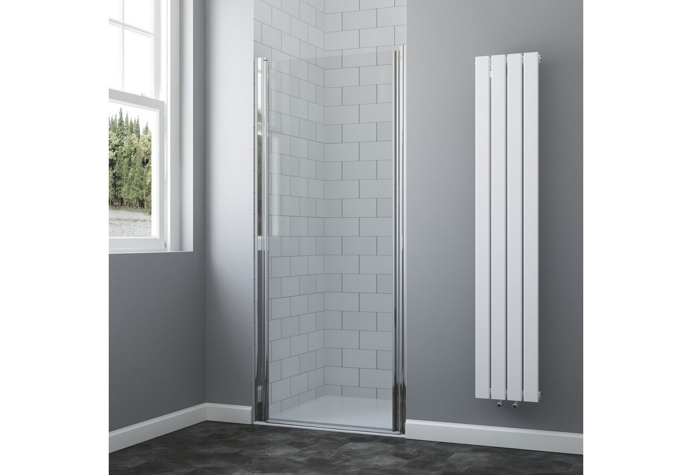 AQUALAVOS Dusch-Pendeltür Duschtür Nischendusche mit Pendeltür Nischentür beidseitig öffnend, 86x188.5 cm, Einscheiben-Sicherheitsglas 6 mm klar, Chrom Aluminium Profil integriertem Griff ideal für kleine Badezimmer