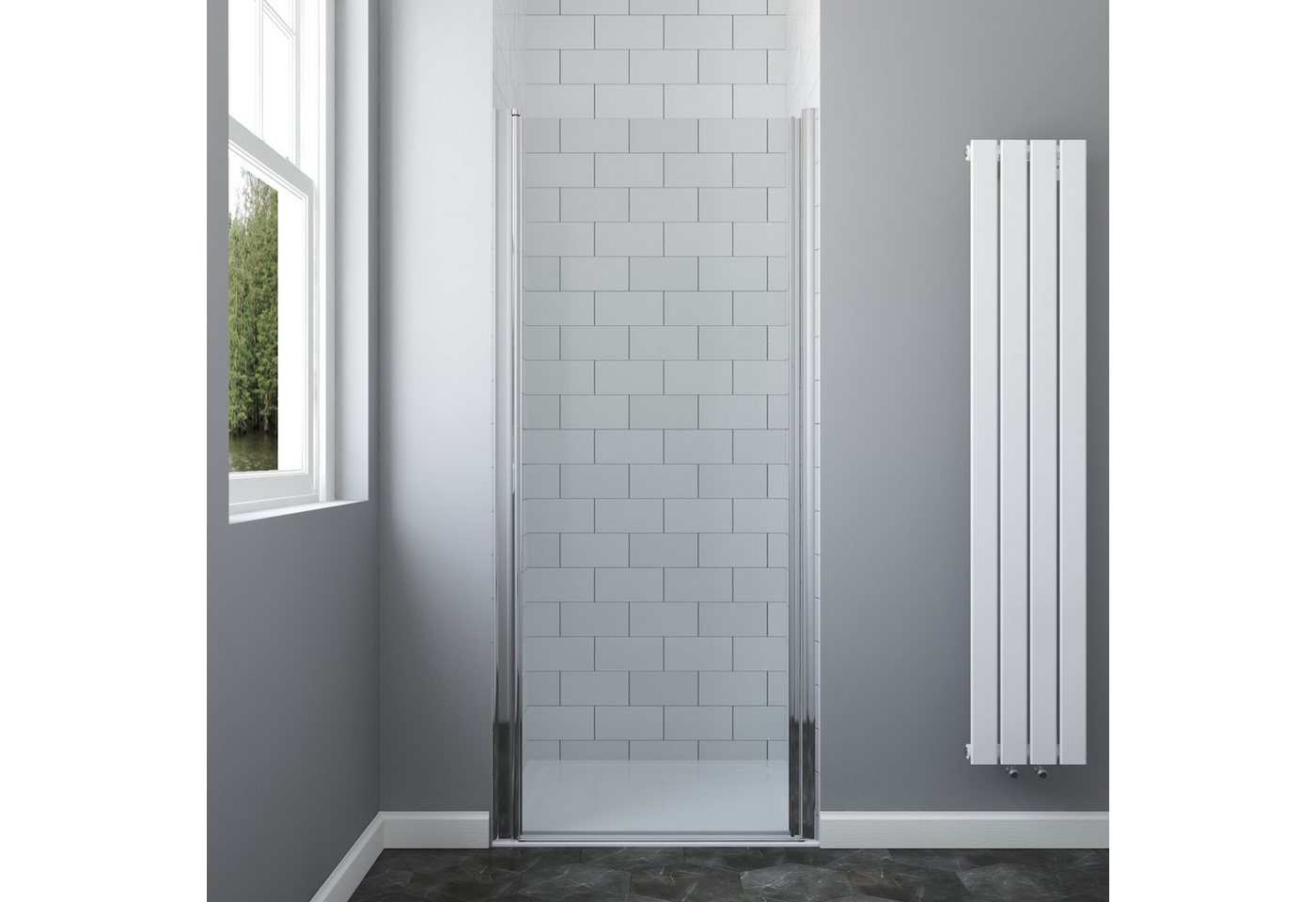 AQUALAVOS Dusch-Pendeltür Duschtür Nischendusche mit Pendeltür Nischentür beidseitig öffnend, 86x188.5 cm, Einscheiben-Sicherheitsglas 6 mm klar, Chrom Aluminium Profil integriertem Griff ideal für kleine Badezimmer Bild 3