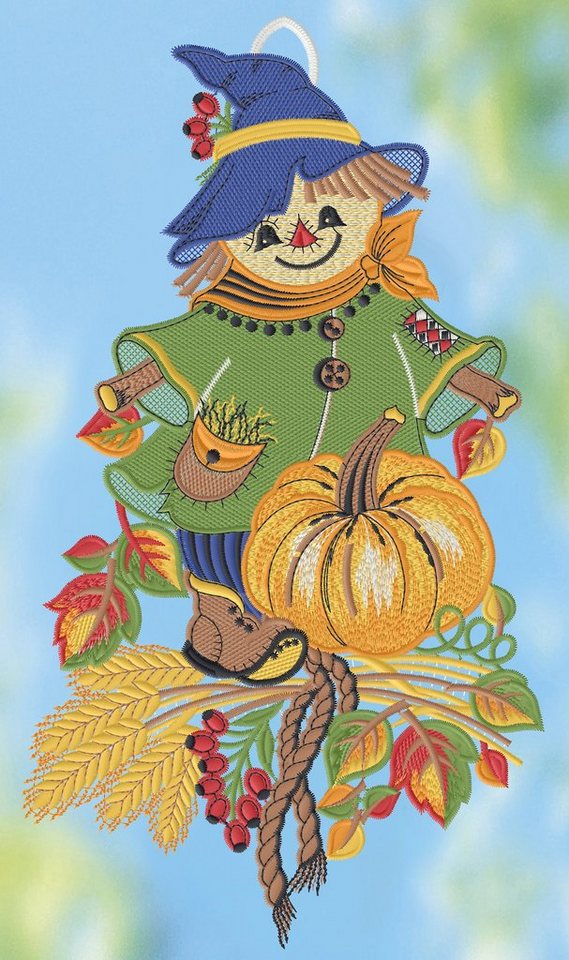 Plauener Spitze® Fensterbild Herbstliche Vogelscheuche, HxB 36x20cm Bild 2