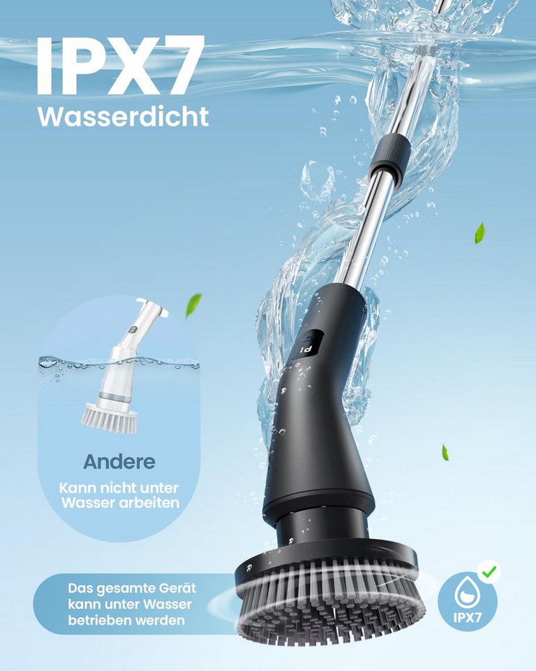 AIBISTAR Elektro-Oberflächenbürste Elektrische Reinigungsbürste, 7 Aufsätze, 2 Stufen, IPX7, Reinigungsbürsten-Set, Teleskopgriff,wasserdicht,Ideal für Bad, Boden, Küche & Auto Bild 2
