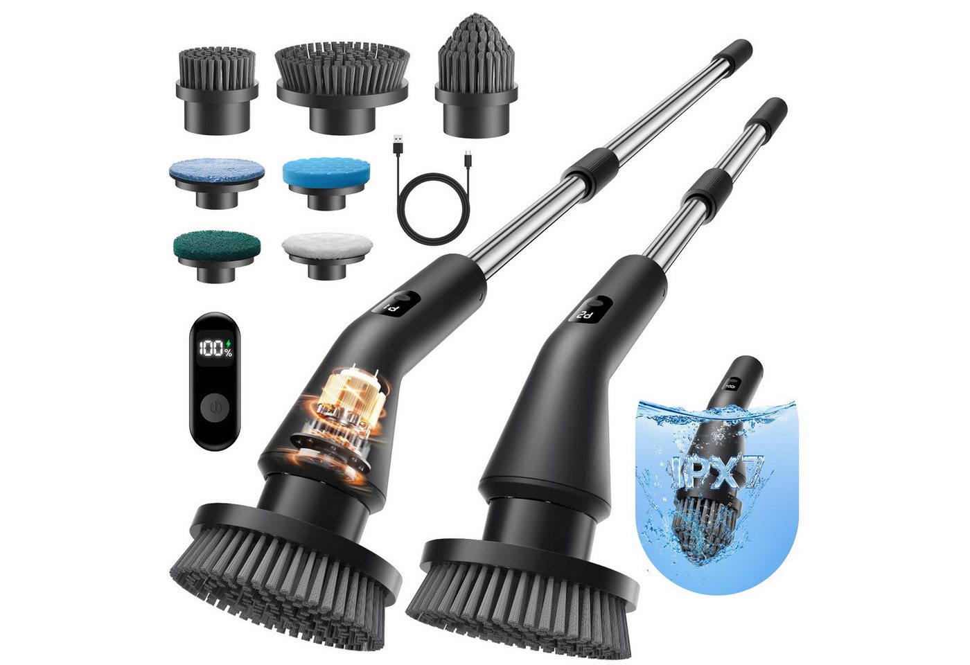 AIBISTAR Elektro-Oberflächenbürste Elektrische Reinigungsbürste, 7 Aufsätze, 2 Stufen, IPX7, Reinigungsbürsten-Set, Teleskopgriff,wasserdicht,Ideal für Bad, Boden, Küche & Auto Bild 3