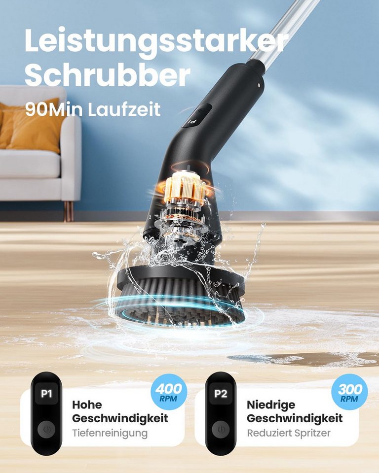 AIBISTAR Elektro-Oberflächenbürste Elektrische Reinigungsbürste, 7 Aufsätze, 2 Stufen, IPX7, Reinigungsbürsten-Set, Teleskopgriff,wasserdicht,Ideal für Bad, Boden, Küche & Auto Bild 4