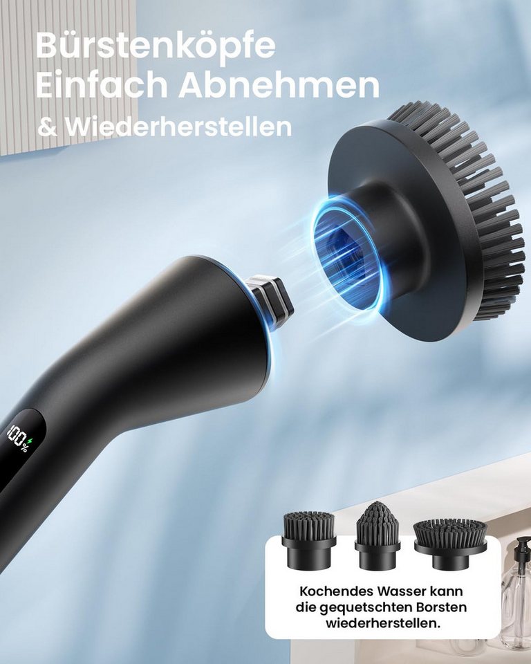 AIBISTAR Elektro-Oberflächenbürste Elektrische Reinigungsbürste, 7 Aufsätze, 2 Stufen, IPX7, Reinigungsbürsten-Set, Teleskopgriff,wasserdicht,Ideal für Bad, Boden, Küche & Auto Bild 5