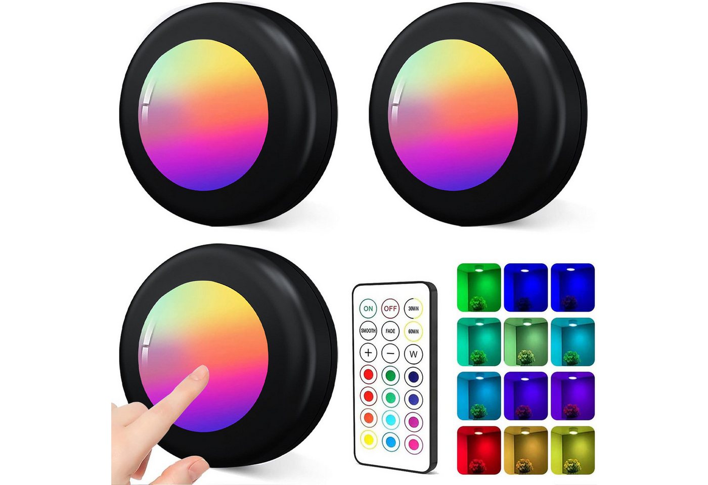 Fyrove LED Unterbauleuchte 3er Set RGB, 16 Farben, dimmbar, Batterie, Fernbedienung, Timer, klebbar, 3M Klebepad Bild 3