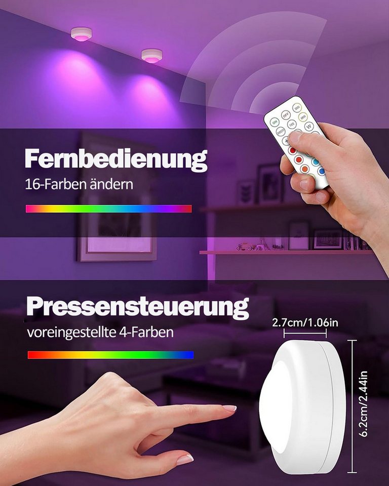 Fyrove LED Unterbauleuchte 3er Set RGB, 16 Farben, dimmbar, Batterie, Fernbedienung, Timer, klebbar, 3M Klebepad Bild 5