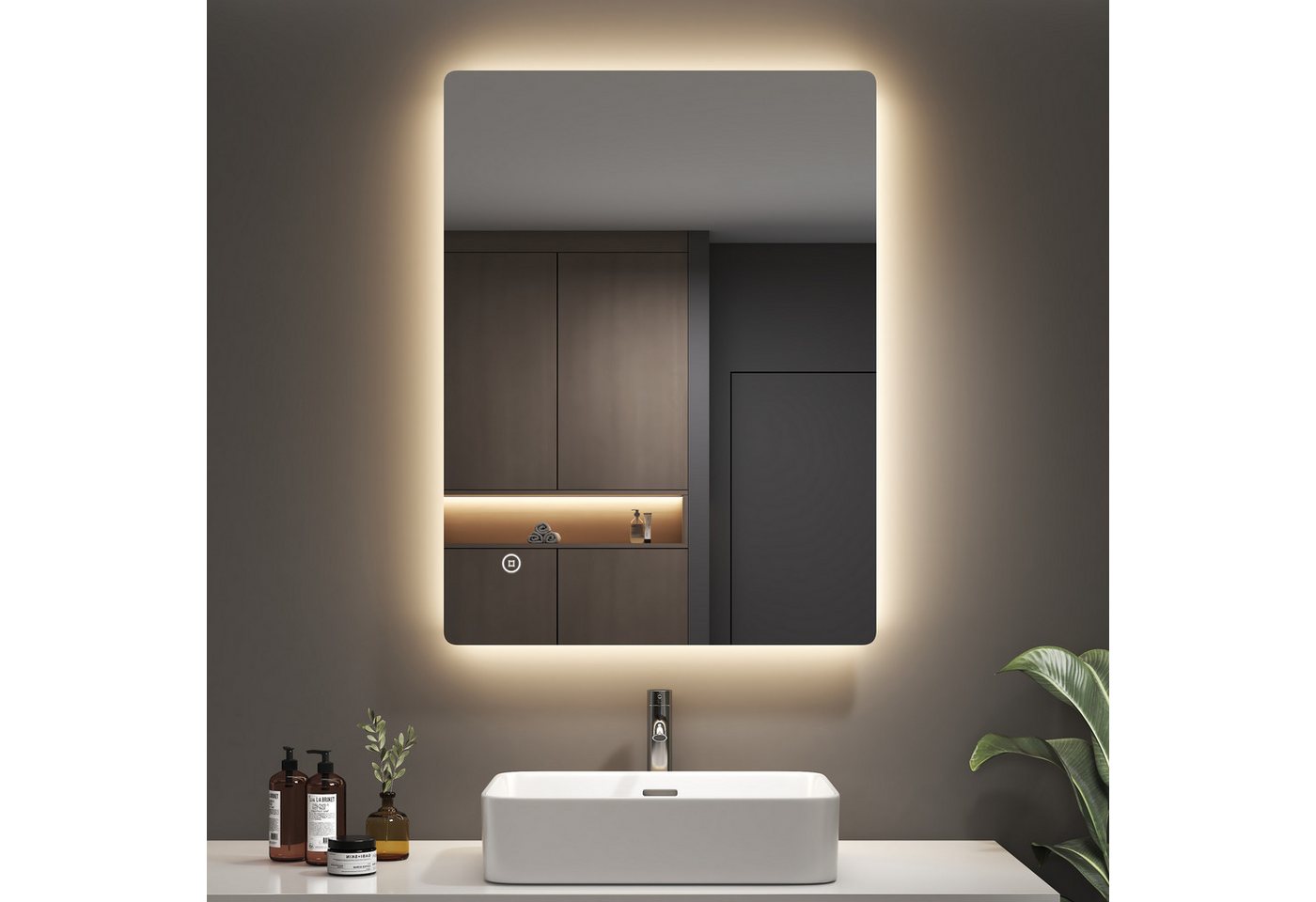 EMKE Badspiegel LED-Badspiegel 80 × 60 cm, rahmenlos, horizontal/vertikal, 3 Lichtfarben, indirekte Beleuchtung, Touch-Bedienung, IP44