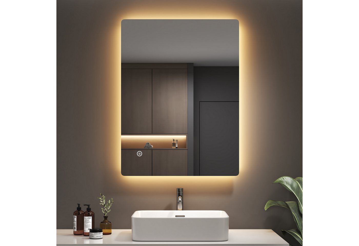 EMKE Badspiegel LED-Badspiegel 80 × 60 cm, rahmenlos, horizontal/vertikal, 3 Lichtfarben, indirekte Beleuchtung, Touch-Bedienung, IP44 Bild 2