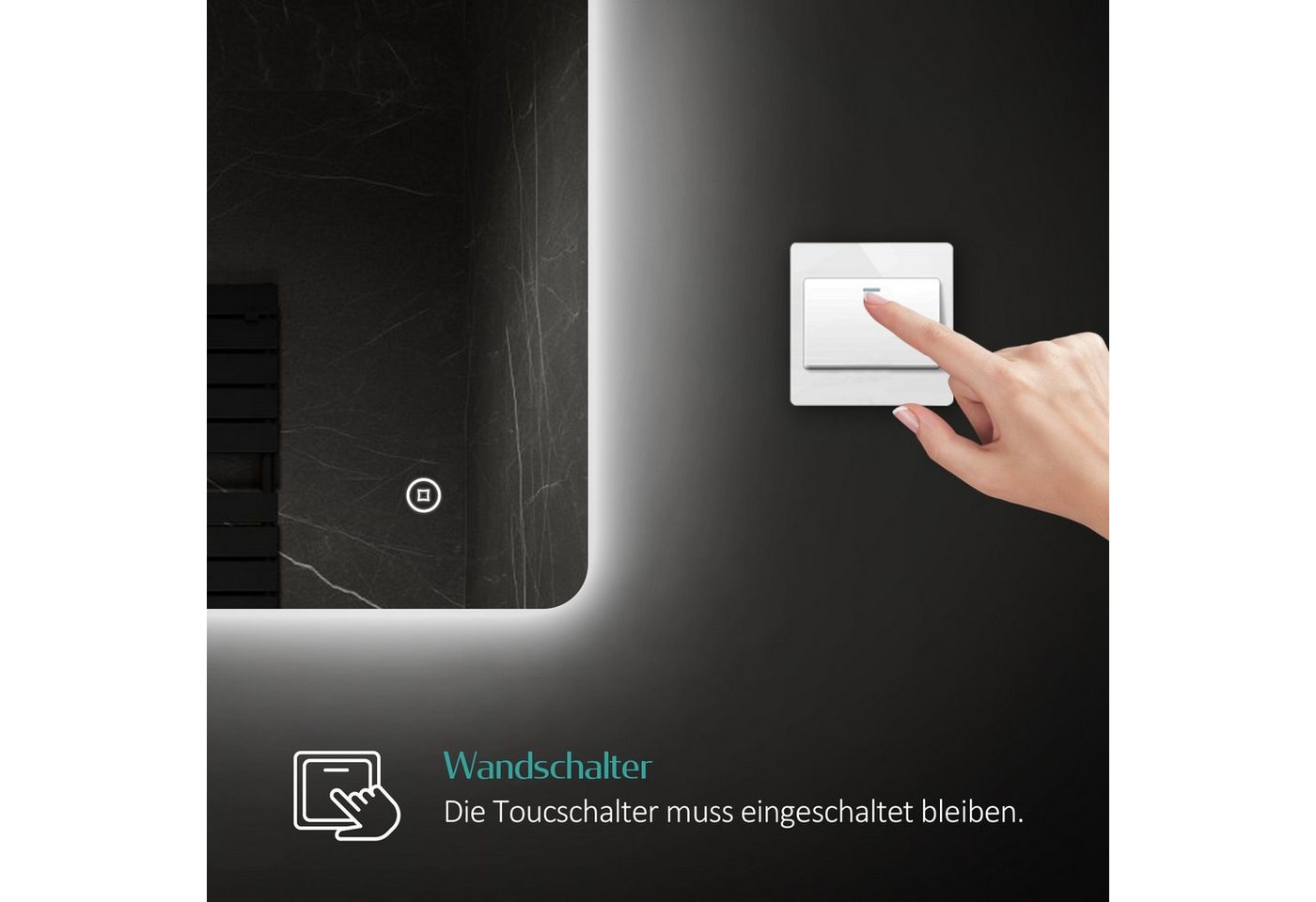 EMKE Badspiegel LED-Badspiegel 80 × 60 cm, rahmenlos, horizontal/vertikal, 3 Lichtfarben, indirekte Beleuchtung, Touch-Bedienung, IP44 Bild 3