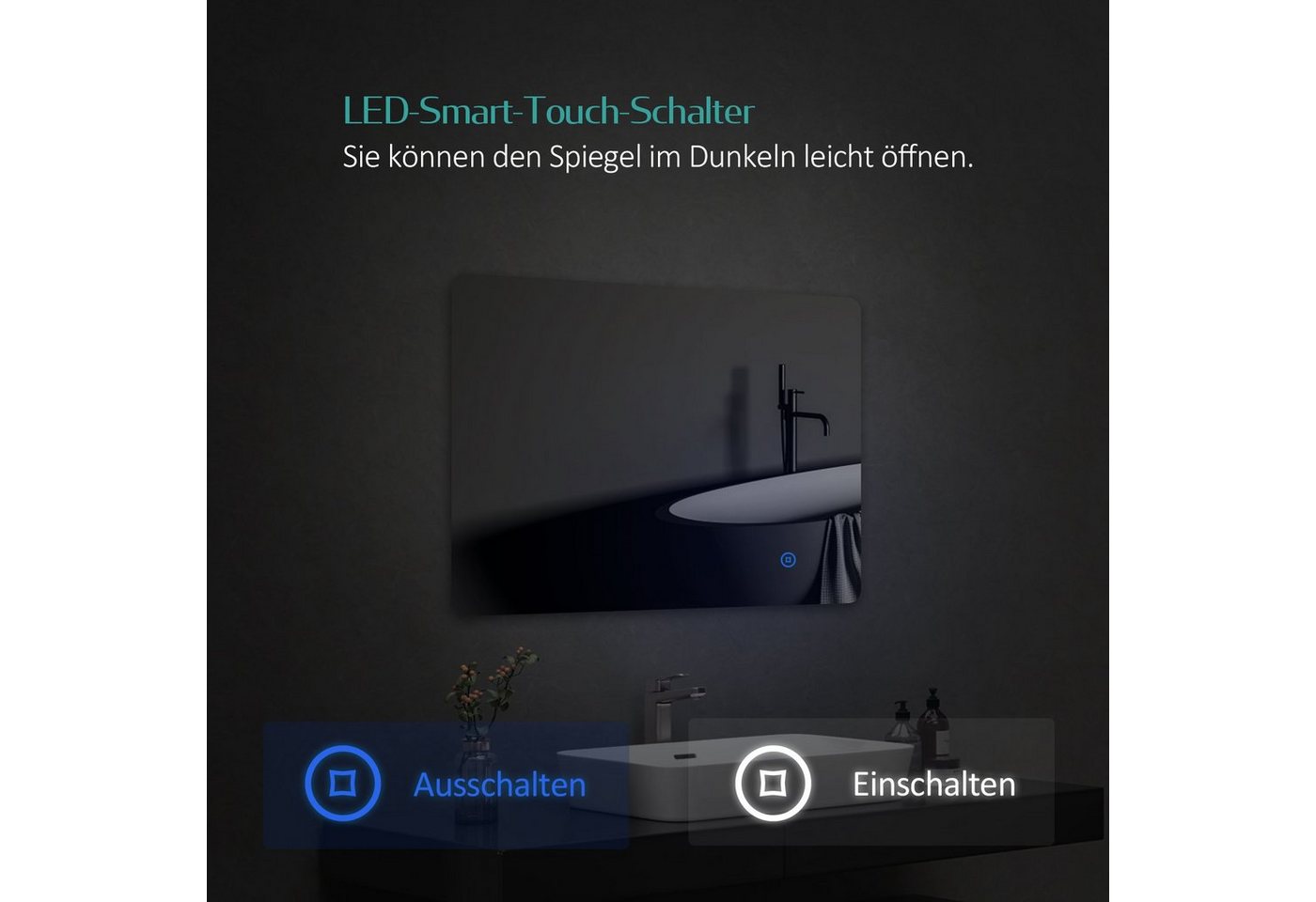 EMKE Badspiegel LED-Badspiegel 80 × 60 cm, rahmenlos, horizontal/vertikal, 3 Lichtfarben, indirekte Beleuchtung, Touch-Bedienung, IP44 Bild 4