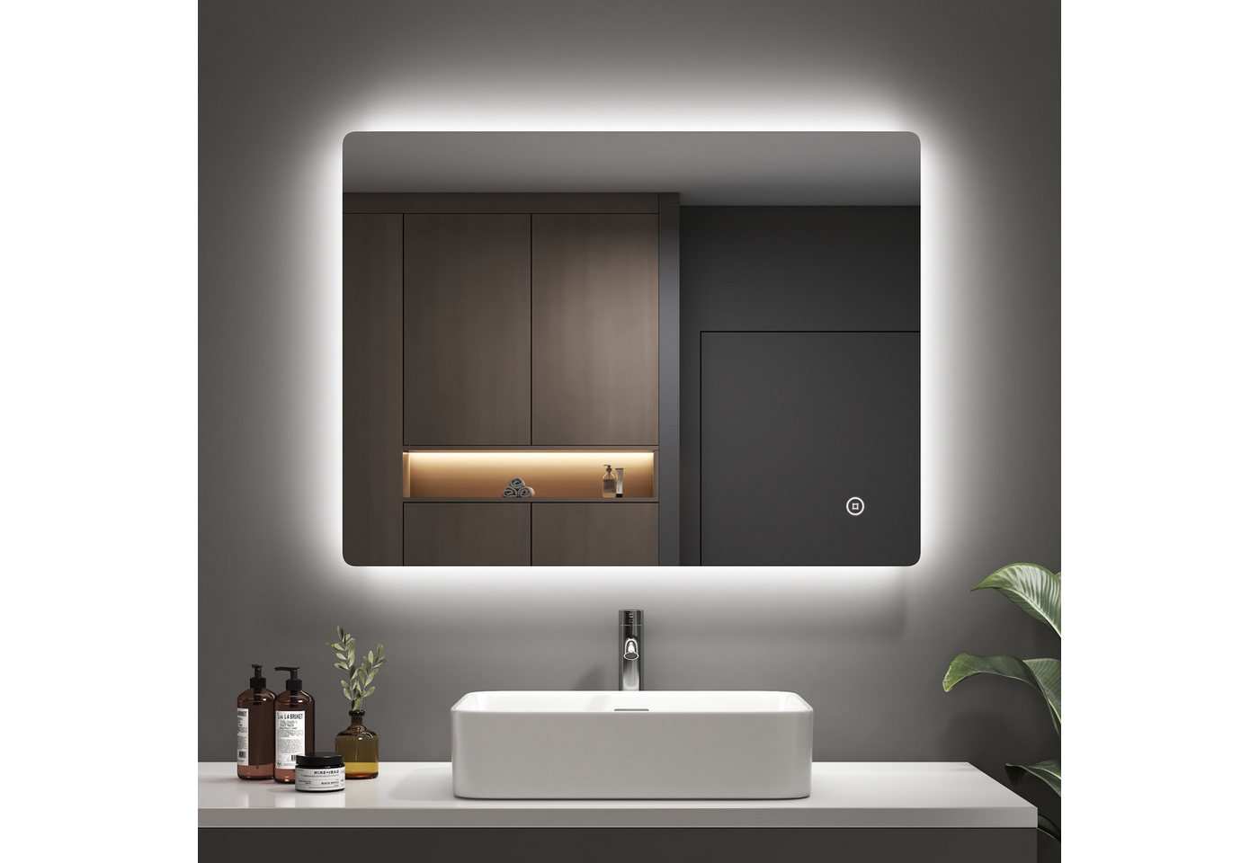 EMKE Badspiegel LED-Badspiegel 80 × 60 cm, rahmenlos, horizontal/vertikal, 3 Lichtfarben, indirekte Beleuchtung, Touch-Bedienung, IP44 Bild 5