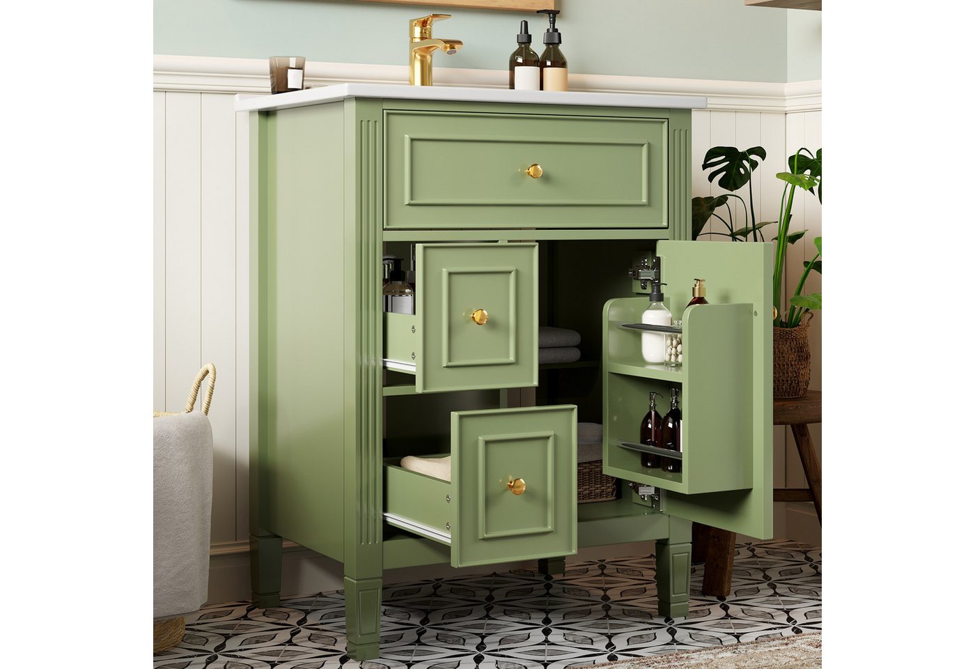 Flieks Waschtisch mit Türregalen und Schubladen, Waschbeckenunterschrank mit Waschbecken (B61/T47/H86 cm, 1-St., bodenstehend, Badschrank Lackierung), Badezimmerschrank mit Soft-Close-Funktion Badmöbel Grün Bild 2