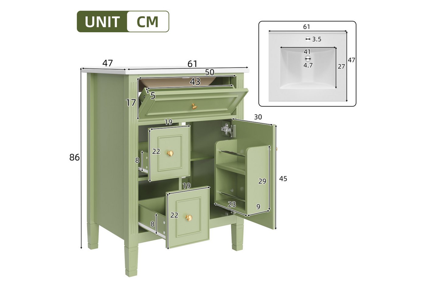 Flieks Waschtisch mit Türregalen und Schubladen, Waschbeckenunterschrank mit Waschbecken (B61/T47/H86 cm, 1-St., bodenstehend, Badschrank Lackierung), Badezimmerschrank mit Soft-Close-Funktion Badmöbel Grün Bild 3