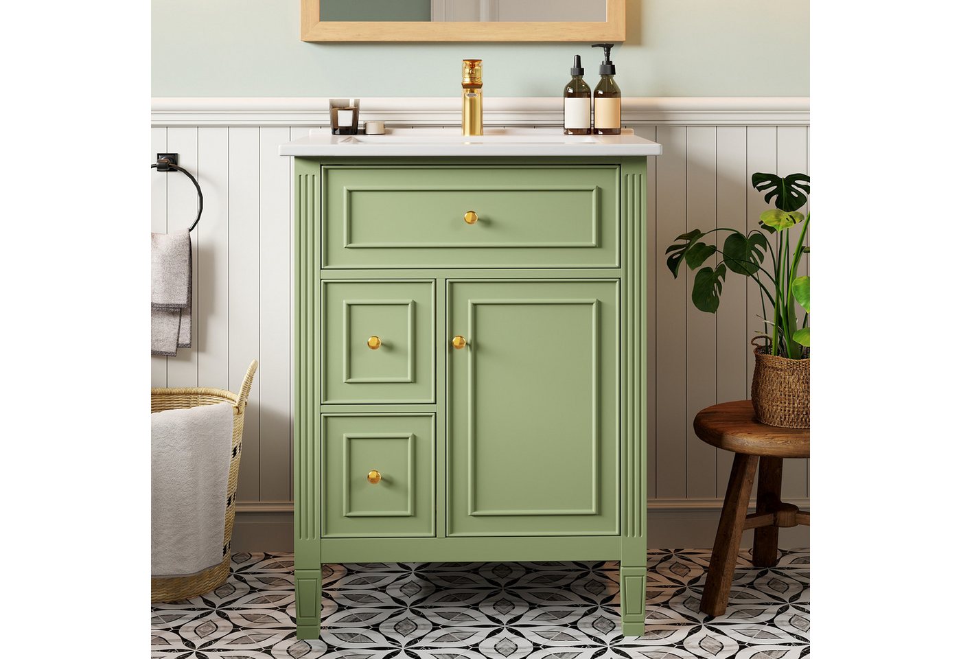 Flieks Waschtisch mit Türregalen und Schubladen, Waschbeckenunterschrank mit Waschbecken (B61/T47/H86 cm, 1-St., bodenstehend, Badschrank Lackierung), Badezimmerschrank mit Soft-Close-Funktion Badmöbel Grün Bild 4