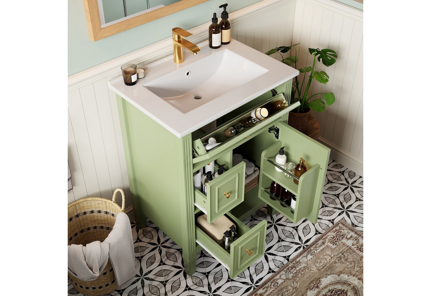 Flieks Waschtisch mit Türregalen und Schubladen, Waschbeckenunterschrank mit Waschbecken (B61/T47/H86 cm, 1-St., bodenstehend, Badschrank Lackierung), Badezimmerschrank mit Soft-Close-Funktion Badmöbel Grün Bild 5