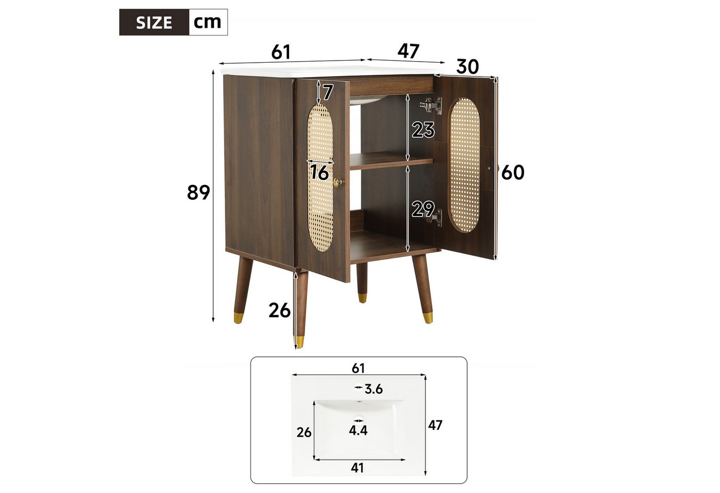 Flieks Waschtisch mit Rattantüren und 2 Fächern, Waschbeckenunterschrank mit Waschbecken (B61/T47/H89 cm, 1-St., bodenstehend, Holzfüßen mit Goldkappen, Landhausstil), Badezimmerschrank mit Keramikbecken Badmöbel Walnussholzfarbe
