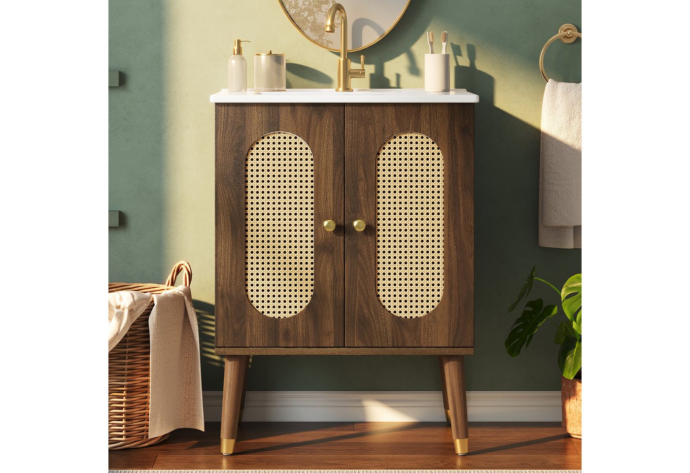 Flieks Waschtisch mit Rattantüren und 2 Fächern, Waschbeckenunterschrank mit Waschbecken (B61/T47/H89 cm, 1-St., bodenstehend, Holzfüßen mit Goldkappen, Landhausstil), Badezimmerschrank mit Keramikbecken Badmöbel Walnussholzfarbe Bild 2
