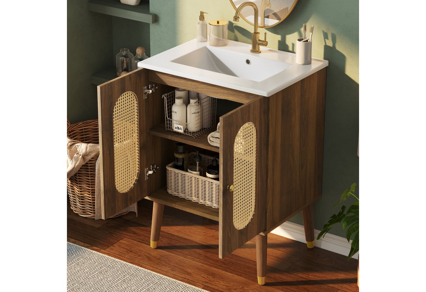 Flieks Waschtisch mit Rattantüren und 2 Fächern, Waschbeckenunterschrank mit Waschbecken (B61/T47/H89 cm, 1-St., bodenstehend, Holzfüßen mit Goldkappen, Landhausstil), Badezimmerschrank mit Keramikbecken Badmöbel Walnussholzfarbe Bild 3