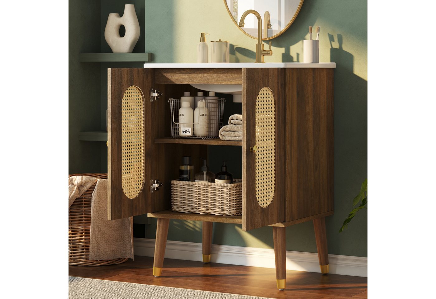 Flieks Waschtisch mit Rattantüren und 2 Fächern, Waschbeckenunterschrank mit Waschbecken (B61/T47/H89 cm, 1-St., bodenstehend, Holzfüßen mit Goldkappen, Landhausstil), Badezimmerschrank mit Keramikbecken Badmöbel Walnussholzfarbe Bild 4
