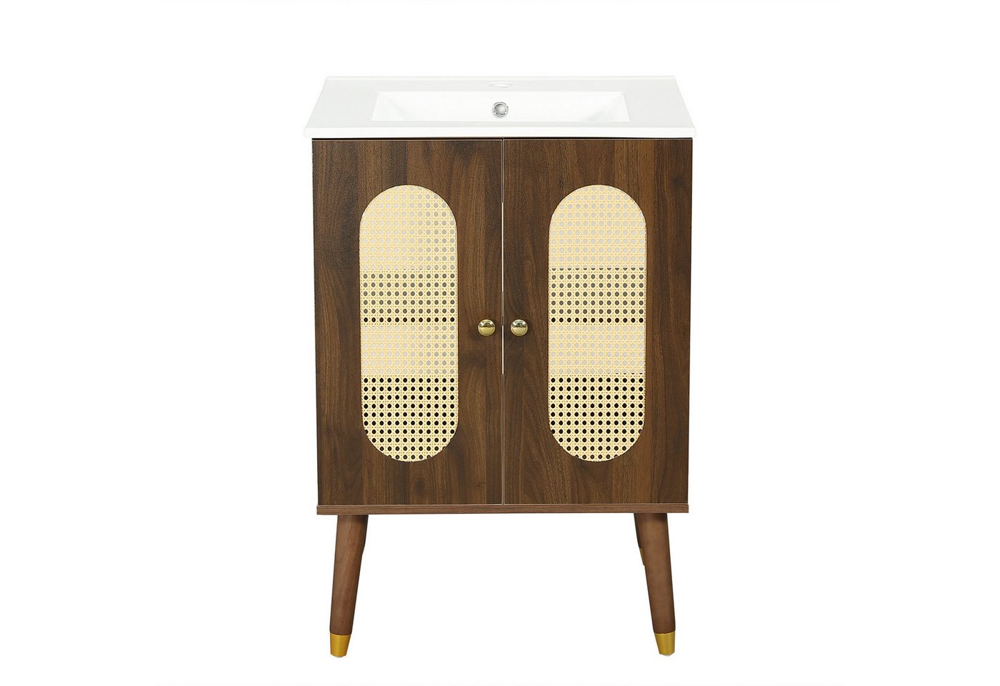 Flieks Waschtisch mit Rattantüren und 2 Fächern, Waschbeckenunterschrank mit Waschbecken (B61/T47/H89 cm, 1-St., bodenstehend, Holzfüßen mit Goldkappen, Landhausstil), Badezimmerschrank mit Keramikbecken Badmöbel Walnussholzfarbe Bild 5