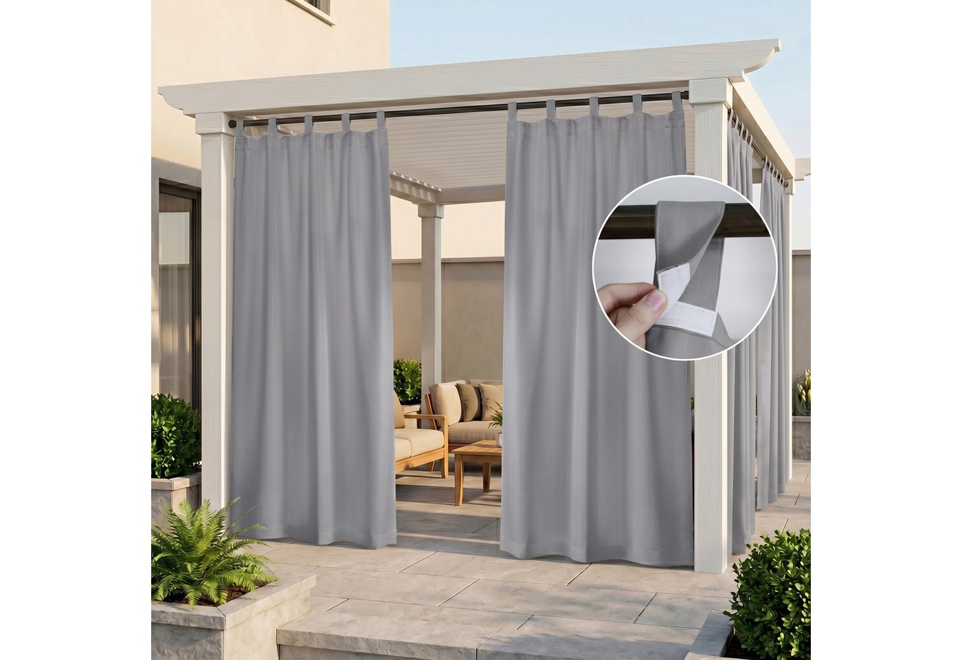Rosnek Outdoorvorhang Outdoor Vorhang wasserabweisend, Verdunkelung & Sichtschutz (2 St), Schlaufen, blickdicht, Polyester, Balkonvorhang mit Thermoschutz, 132 cm breit, für Terrasse & Pavillon Bild 4