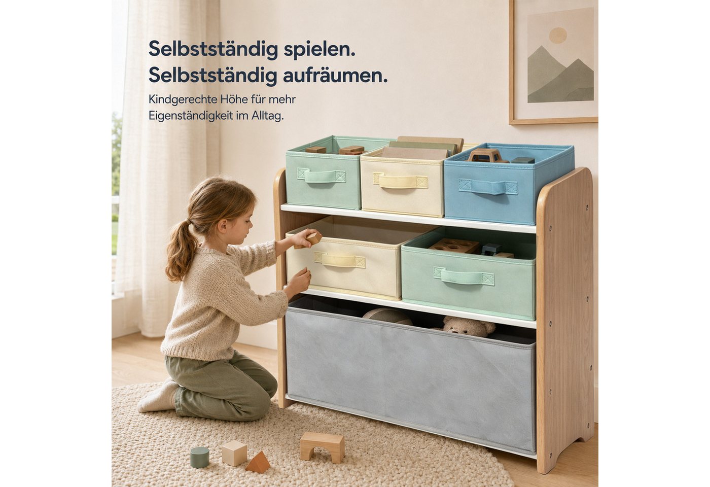 ALVIX Kinderregal NESTA 6, Packung, 6 herausnehmbare Stoffboxen in 3 Größen