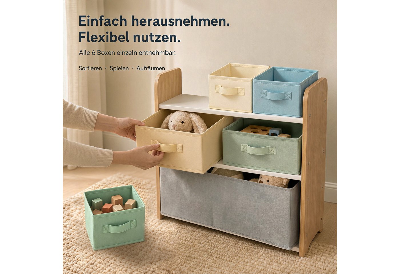 ALVIX Kinderregal NESTA 6, Packung, 6 herausnehmbare Stoffboxen in 3 Größen Bild 3