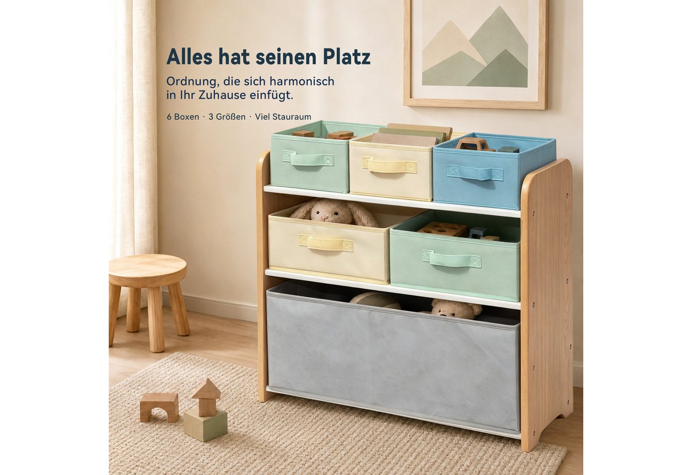 ALVIX Kinderregal NESTA 6, Packung, 6 herausnehmbare Stoffboxen in 3 Größen Bild 5