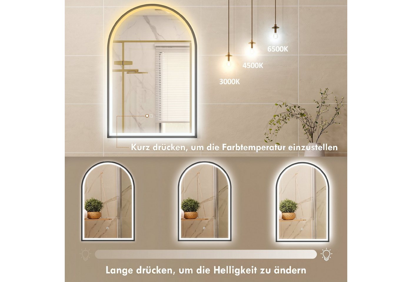 HOMCOM Badspiegel gewölbter Spiegel aus gehärtetem Glas (Set, 1-St., LED-Badezimmerspiegel), Antibeschlag, dimmbar, Memory, Touch Bild 2