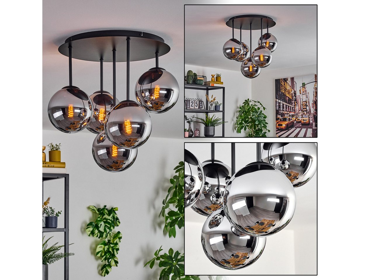hofstein Deckenleuchte 5-flammige Deckenlampe aus Metall/Glas in Schwarz/Chrom-/Rauchfarben, ohne Leuchtmittel, im Retro/Vintage-Design (Schirme Ø 15 cm), E14