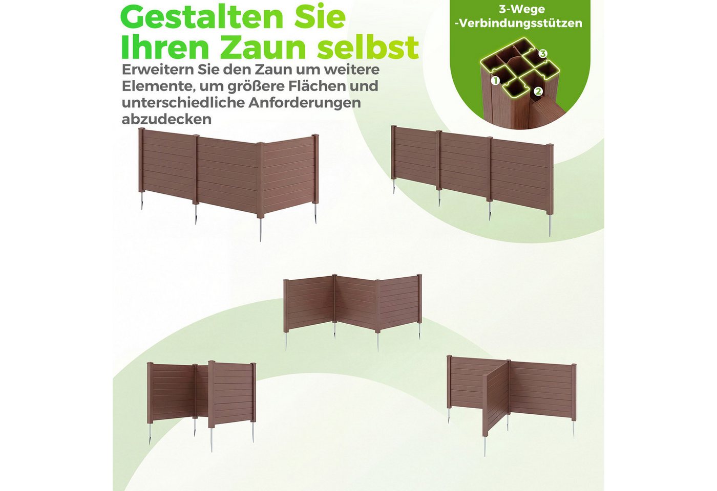 COSTWAY Gartenzaun, Lamellenzaun aus PP, Steckzaun mit 4 Pfählen, 122x95 cm