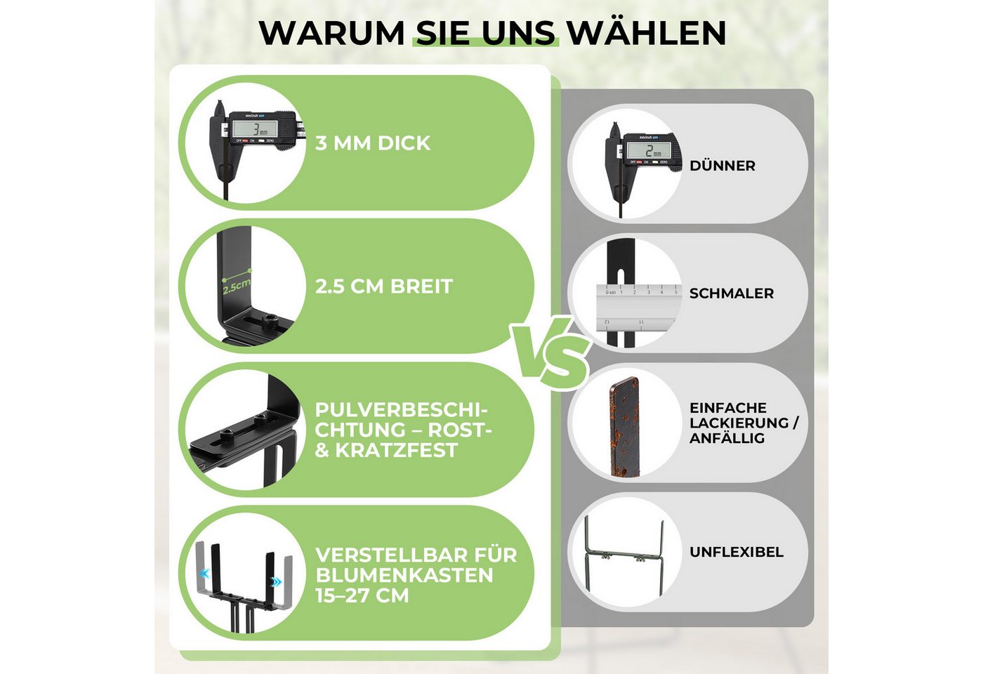 QUBEBU Blumenkastenhalter Blumenkastenhalter H-Form, Blumenkastenhalterung für Balkon, Geländer, Kasten Halter für Blumenkasten 15–27 cm, Balkongeländer 1,5–32 cm, 4-St., Balkonkasten Halterung für Balkongeländer, ohne Bohren, Robuster