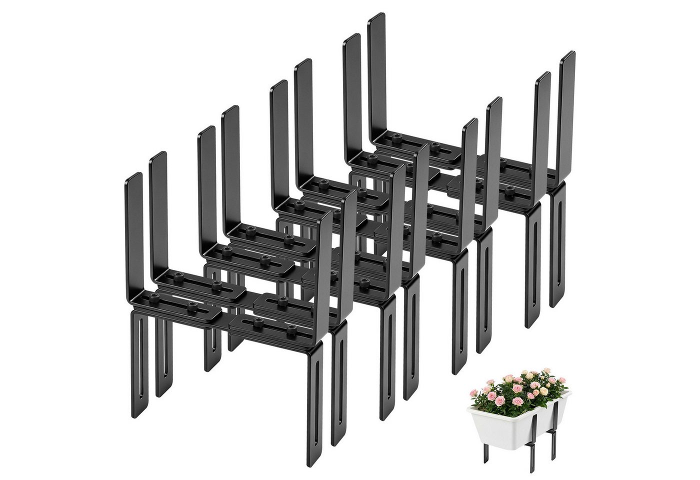 QUBEBU Blumenkastenhalter Blumenkastenhalter H-Form, Blumenkastenhalterung für Balkon, Geländer, Kasten Halter für Blumenkasten 15–27 cm, Balkongeländer 1,5–32 cm, 4-St., Balkonkasten Halterung für Balkongeländer, ohne Bohren, Robuster Bild 3