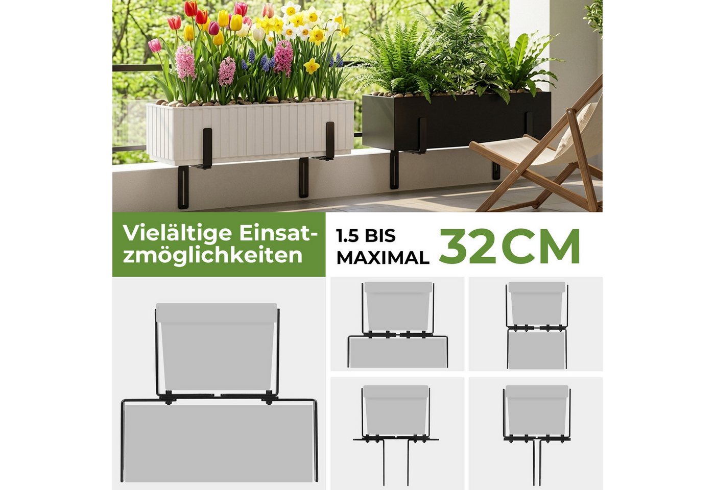 QUBEBU Blumenkastenhalter Blumenkastenhalter H-Form, Blumenkastenhalterung für Balkon, Geländer, Kasten Halter für Blumenkasten 15–27 cm, Balkongeländer 1,5–32 cm, 4-St., Balkonkasten Halterung für Balkongeländer, ohne Bohren, Robuster Bild 4