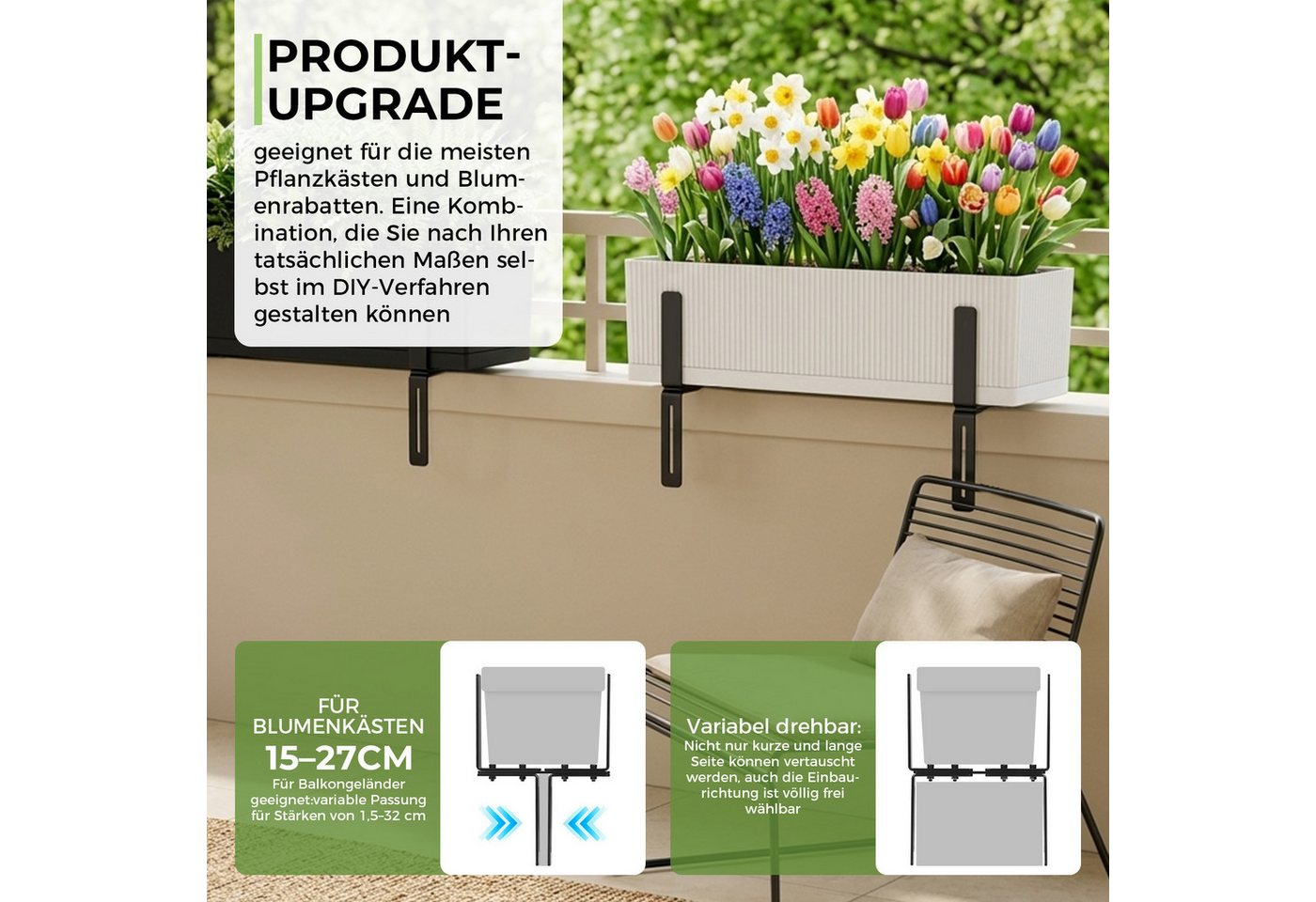 QUBEBU Blumenkastenhalter Blumenkastenhalter H-Form, Blumenkastenhalterung für Balkon, Geländer, Kasten Halter für Blumenkasten 15–27 cm, Balkongeländer 1,5–32 cm, 4-St., Balkonkasten Halterung für Balkongeländer, ohne Bohren, Robuster Bild 5