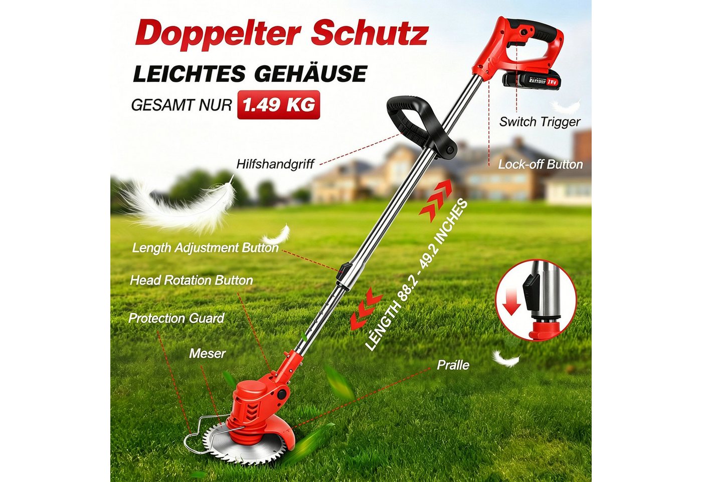 reffmov Akku-Rasentrimmer mit zwei Lithium-Akkus & insgesamt 23 Messer, Teleskop Freischneider ideal für Höfe und private Gärten Bild 2