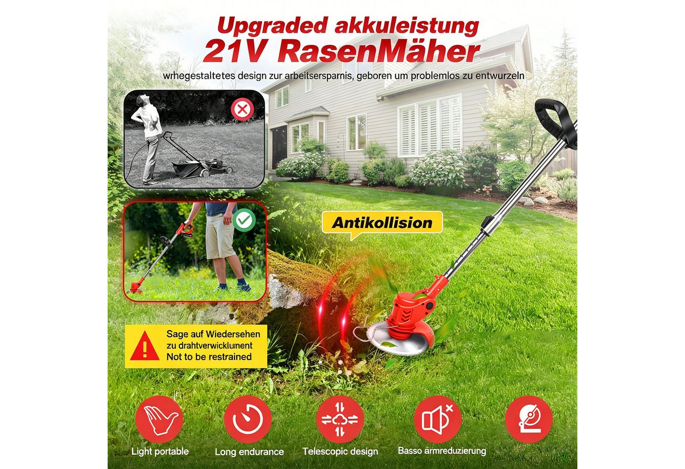 reffmov Akku-Rasentrimmer mit zwei Lithium-Akkus & insgesamt 23 Messer, Teleskop Freischneider ideal für Höfe und private Gärten Bild 4