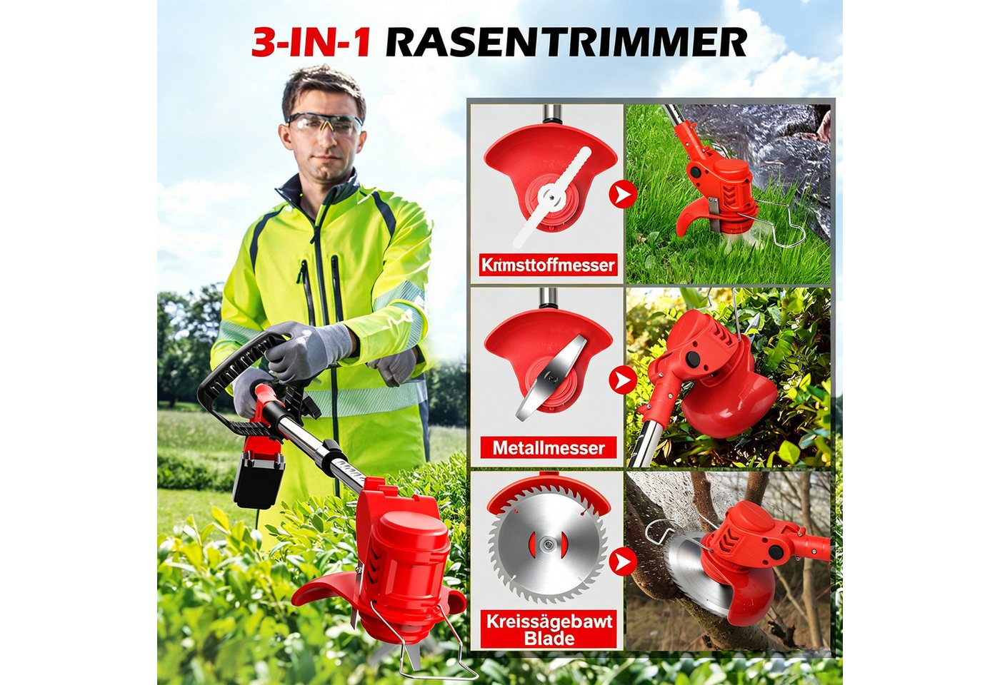 reffmov Akku-Rasentrimmer mit zwei Lithium-Akkus & insgesamt 23 Messer, Teleskop Freischneider ideal für Höfe und private Gärten Bild 5