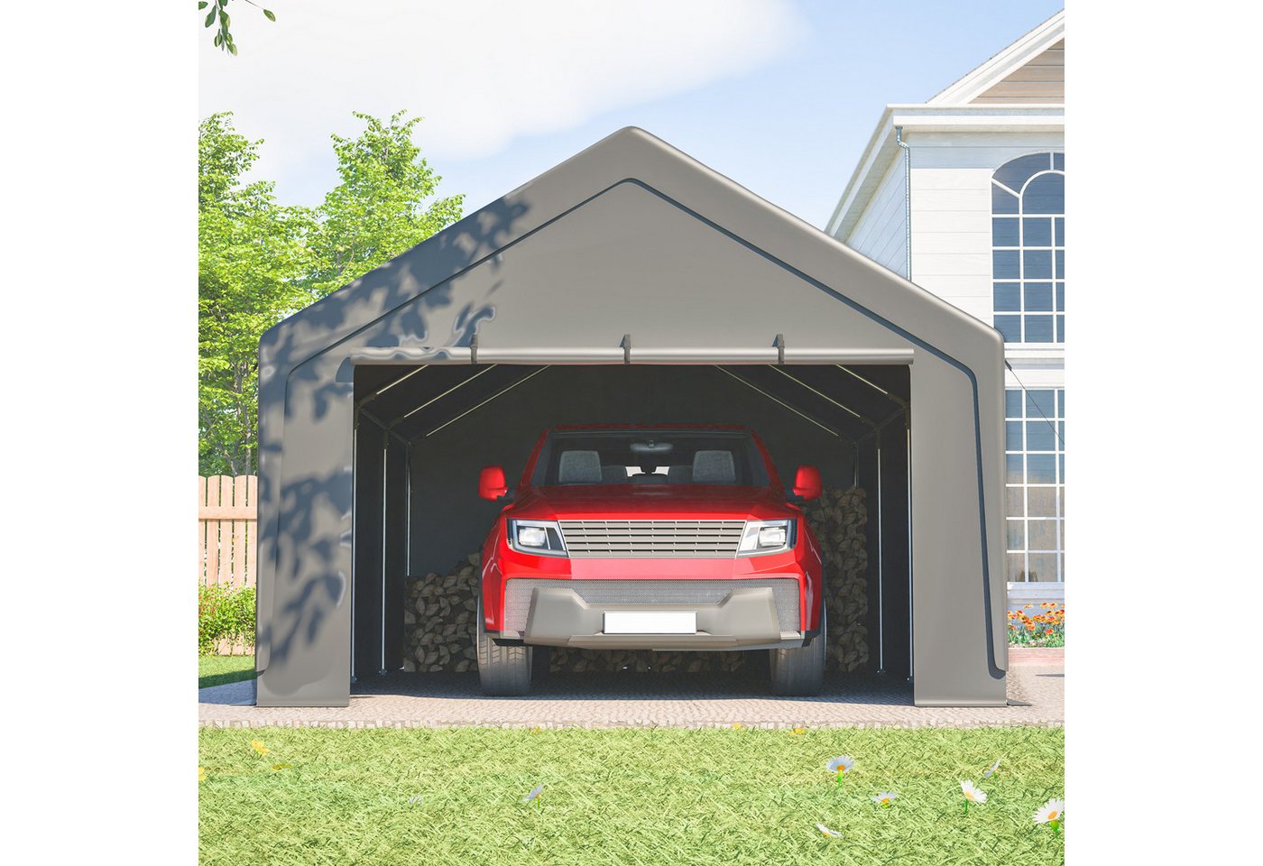 CHICFURN Einzelcarport Carport Garage Zelt mit Fenster und Schutzabdeckung, BxT: 400x765 cm, 192 cm Einfahrtshöhe, (Packung, 1 St), 4 x 7,65 m, Grau, mit abnehmbaren Seitenwänden und Dach