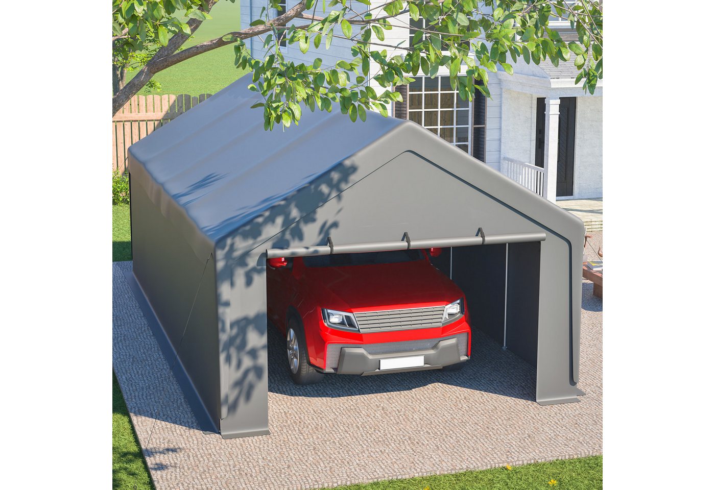 CHICFURN Einzelcarport Carport Garage Zelt mit Fenster und Schutzabdeckung, BxT: 400x765 cm, 192 cm Einfahrtshöhe, (Packung, 1 St), 4 x 7,65 m, Grau, mit abnehmbaren Seitenwänden und Dach Bild 2