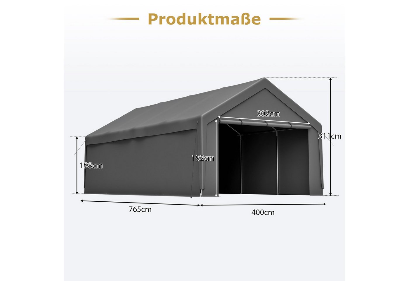CHICFURN Einzelcarport Carport Garage Zelt mit Fenster und Schutzabdeckung, BxT: 400x765 cm, 192 cm Einfahrtshöhe, (Packung, 1 St), 4 x 7,65 m, Grau, mit abnehmbaren Seitenwänden und Dach Bild 3