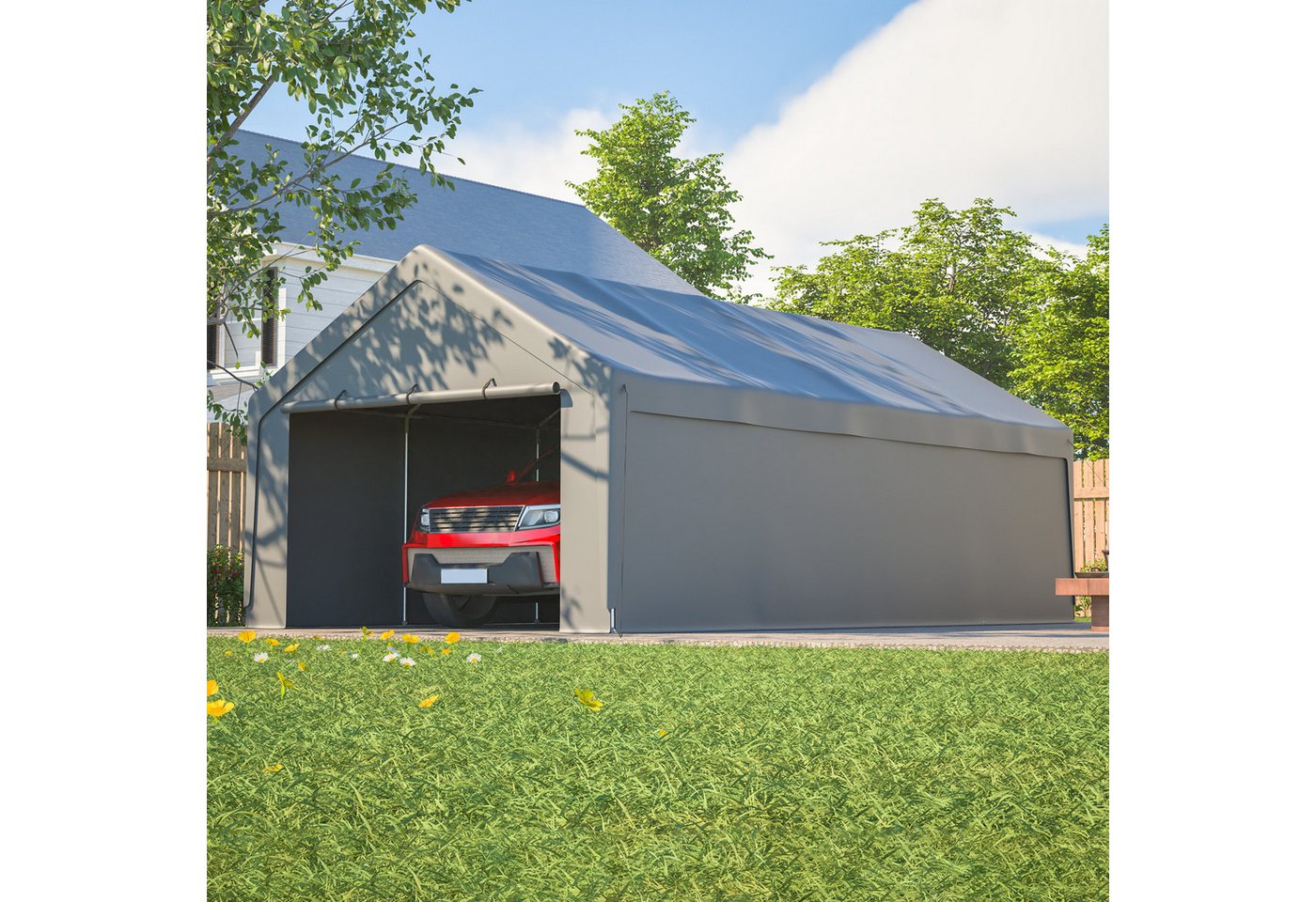 CHICFURN Einzelcarport Carport Garage Zelt mit Fenster und Schutzabdeckung, BxT: 400x765 cm, 192 cm Einfahrtshöhe, (Packung, 1 St), 4 x 7,65 m, Grau, mit abnehmbaren Seitenwänden und Dach Bild 4