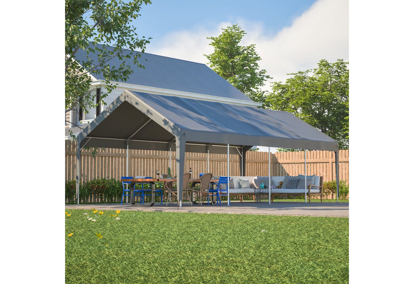 CHICFURN Einzelcarport Carport Garage Zelt mit Fenster und Schutzabdeckung, BxT: 400x765 cm, 192 cm Einfahrtshöhe, (Packung, 1 St), 4 x 7,65 m, Grau, mit abnehmbaren Seitenwänden und Dach Bild 5