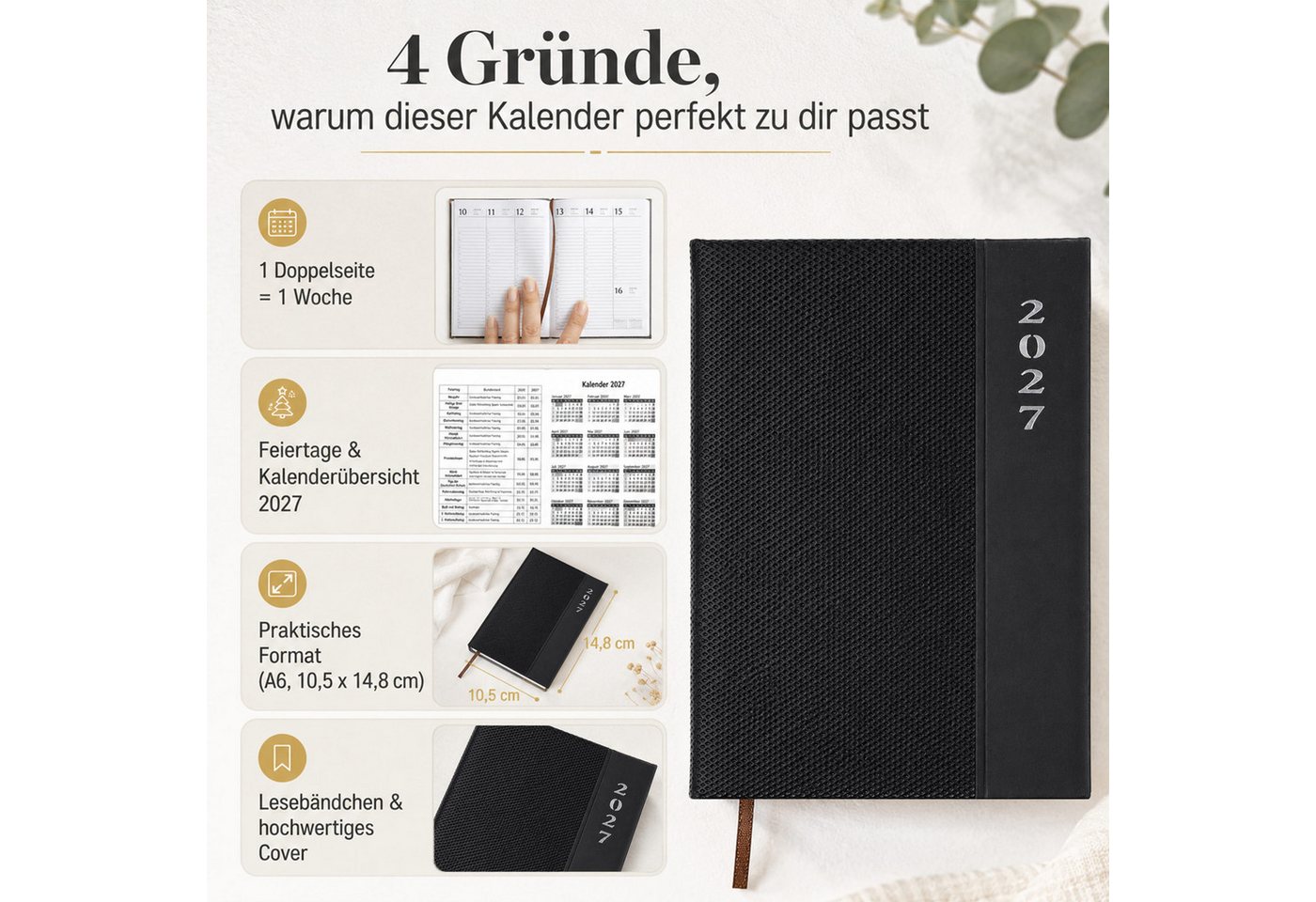 AMLI Taschenkalender Taschenkalender 2027 A6 1 Woche 2 Seiten Softtouch Schwarz, Softtouch-Cover, Leseband, Ferien & Feiertage, Jahresvorschau Bild 3