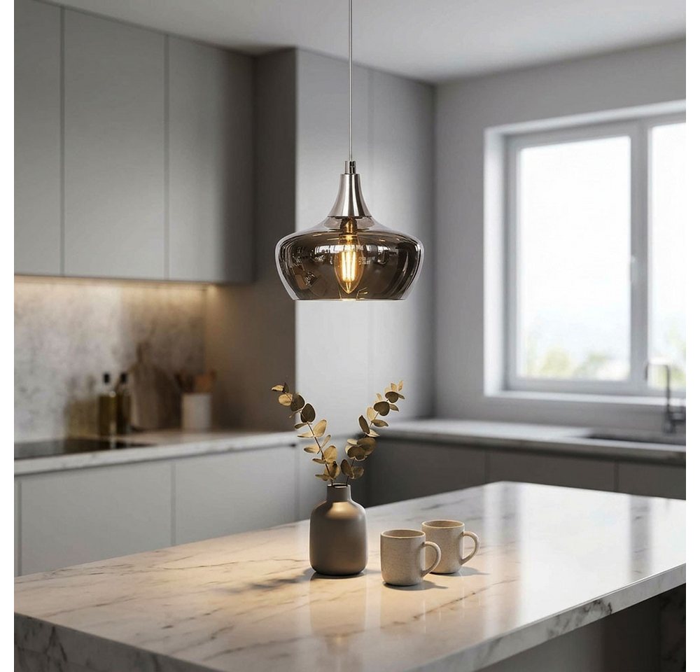 NOWA Pendelleuchte, Leuchtmittel nicht inklusive, 2x Pendellampe Hängeleuchte Esszimmerleuchte Glas rauchfarben nickel