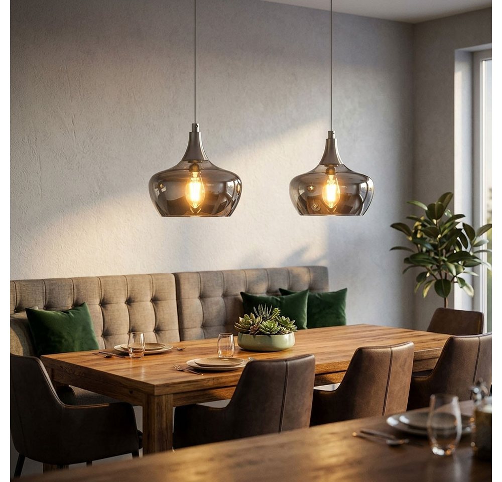 NOWA Pendelleuchte, Leuchtmittel nicht inklusive, 2x Pendellampe Hängeleuchte Esszimmerleuchte Glas rauchfarben nickel Bild 4