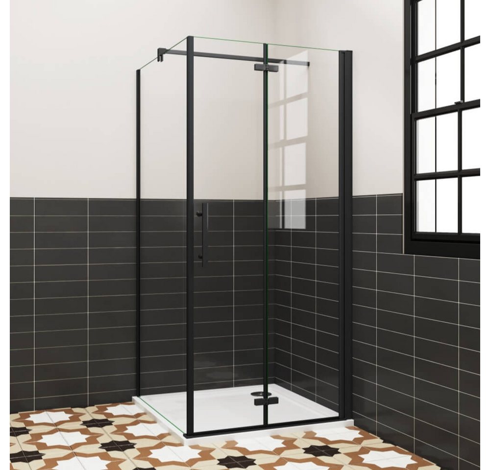Duschparadies Eckdusche 195cm Schwarz Stabilstange Scharniertür Duschtür Duschabtrennung, BxT: 76x76 cm, Sicherheitsglas, ebenerdiger Einbau möglich