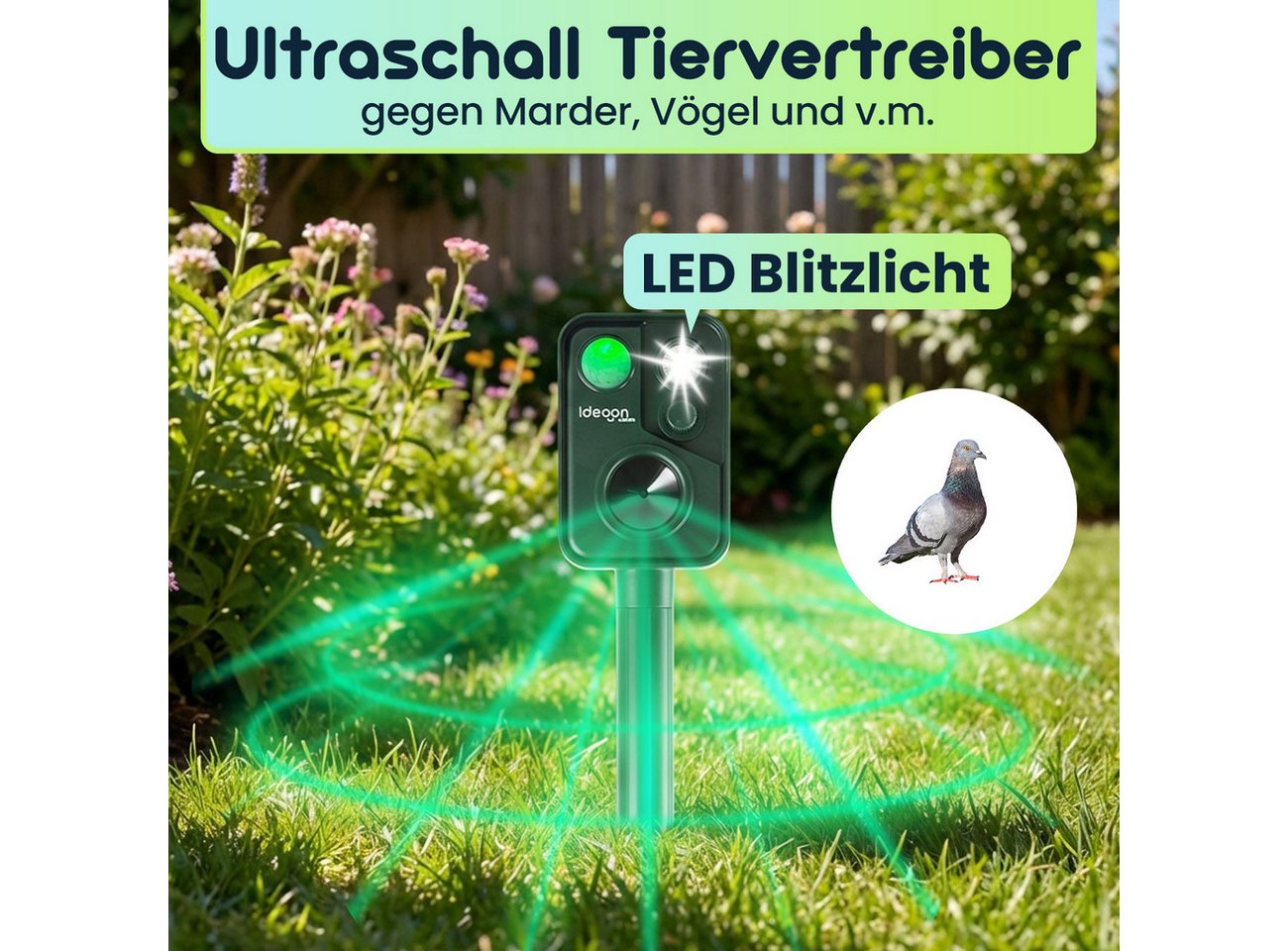 shop'n smile ideoon Wasserstrahl-Tiervertreiber Zuverlässiger Solar-Tierschreck gegen Marder, Vögel, 4-tlg., mit PIR-Sensor & LED Blitzlicht - 13,5-45,5 Hz