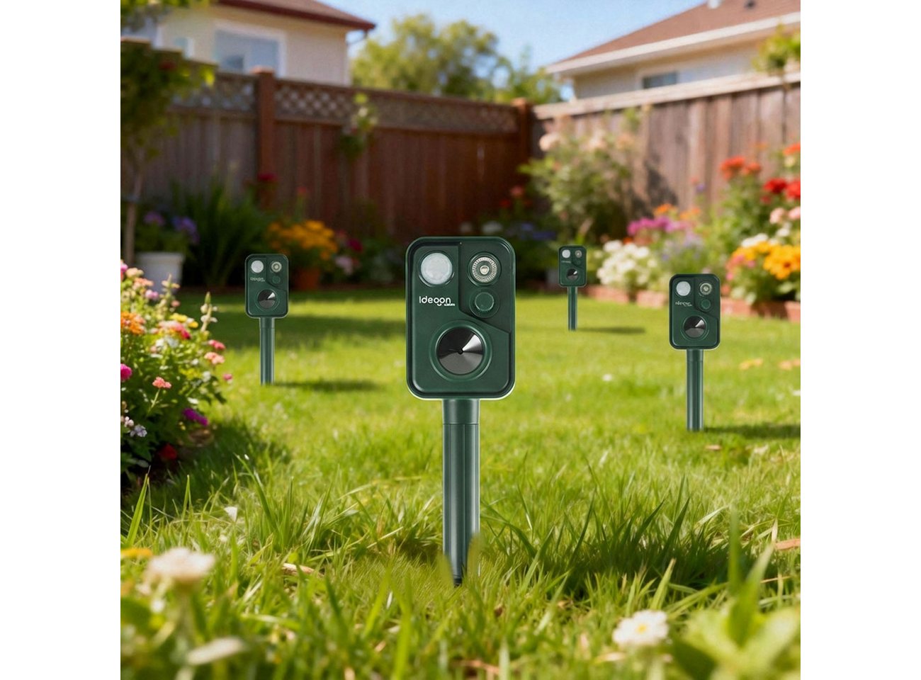 shop'n smile ideoon Wasserstrahl-Tiervertreiber Zuverlässiger Solar-Tierschreck gegen Marder, Vögel, 4-tlg., mit PIR-Sensor & LED Blitzlicht - 13,5-45,5 Hz Bild 3
