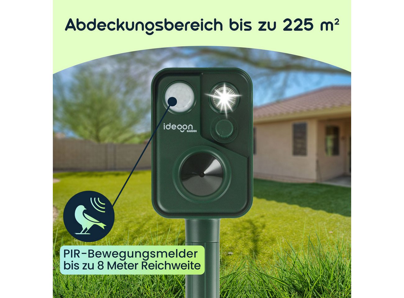 shop'n smile ideoon Wasserstrahl-Tiervertreiber Zuverlässiger Solar-Tierschreck gegen Marder, Vögel, 4-tlg., mit PIR-Sensor & LED Blitzlicht - 13,5-45,5 Hz Bild 4