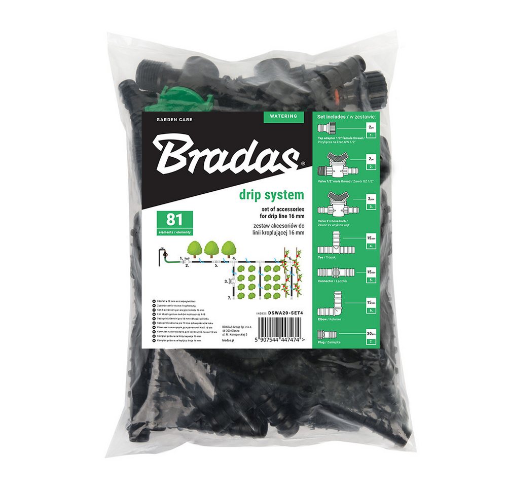 Bradas Bewässerungssystem Bewässerungsarmatur-Set Tropfbewässerung 16mm 81tlg Tropfschlauch